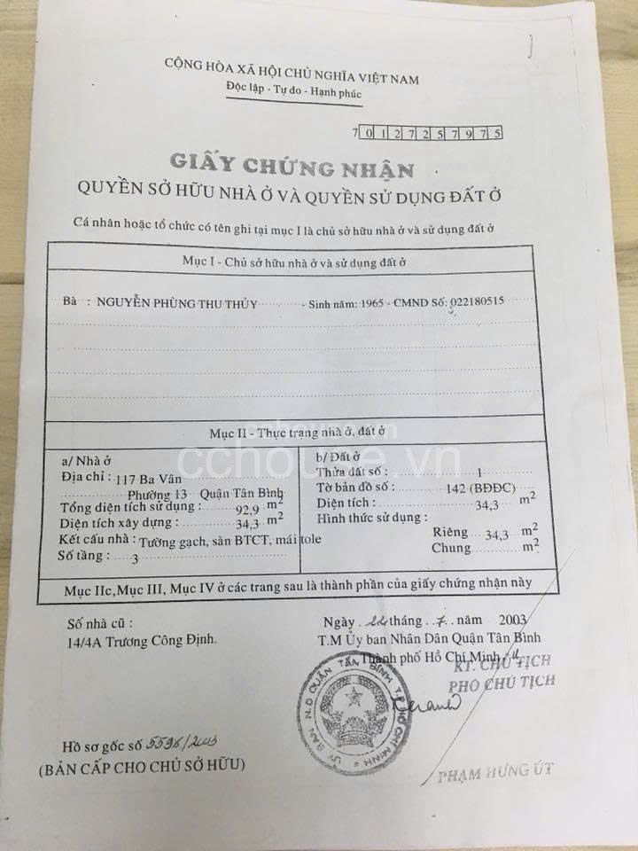 115-117 Ba Vân Gọi 0915 166 797 sẽ có phí 1% khi khách chốt nhà này với giá 16.5 tỷ