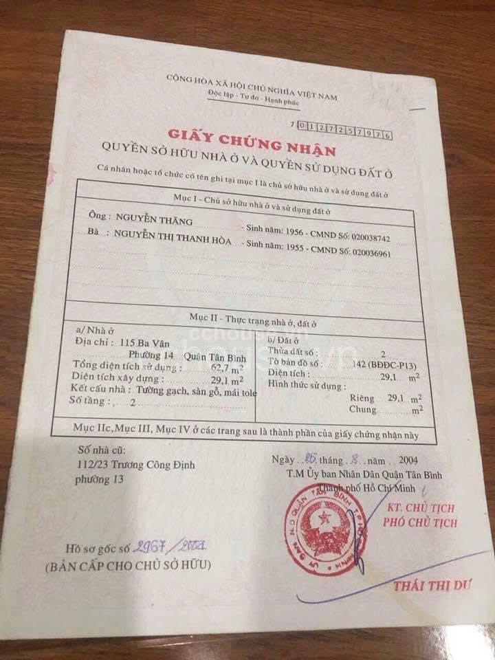 115-117 Ba Vân Gọi 0915 166 797 sẽ có phí 1% khi khách chốt nhà này với giá 16.5 tỷ