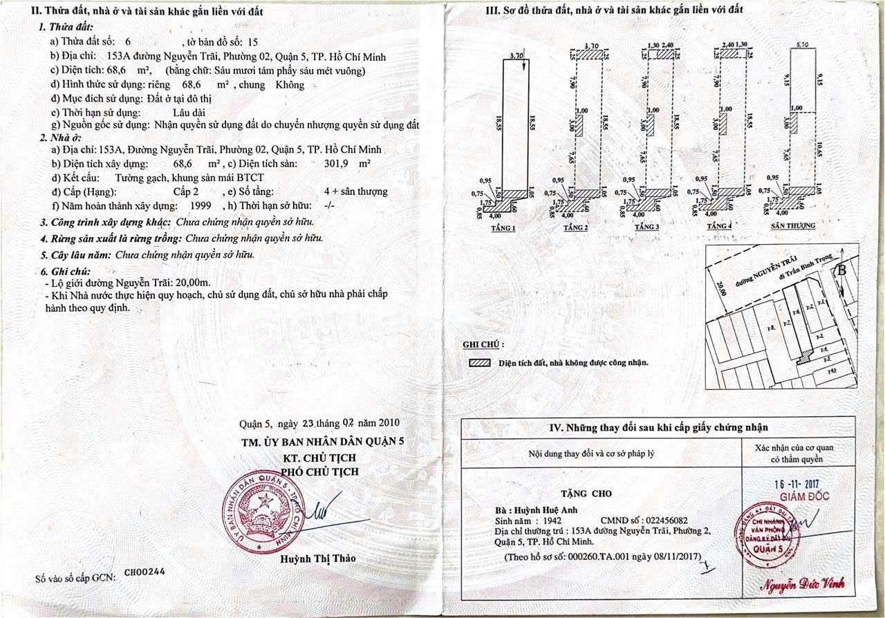 BÁN NHÀ 5 TẦNG THANG MÁY MẶT TIỀN NGUYỄN TRÃI PHƯỜNG CHỢ QUÁN ( P2 QUẬN 5 ) TPHCM