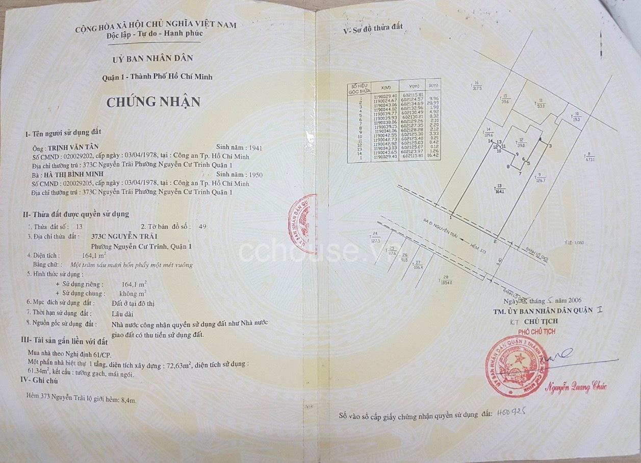 Bán toà nhà 373C Nguyễn Trãi, Phường Nguyễn Cư Trinh, Quận 1. Kết cấu hầm 8 tầng ngang 10m dài 18m